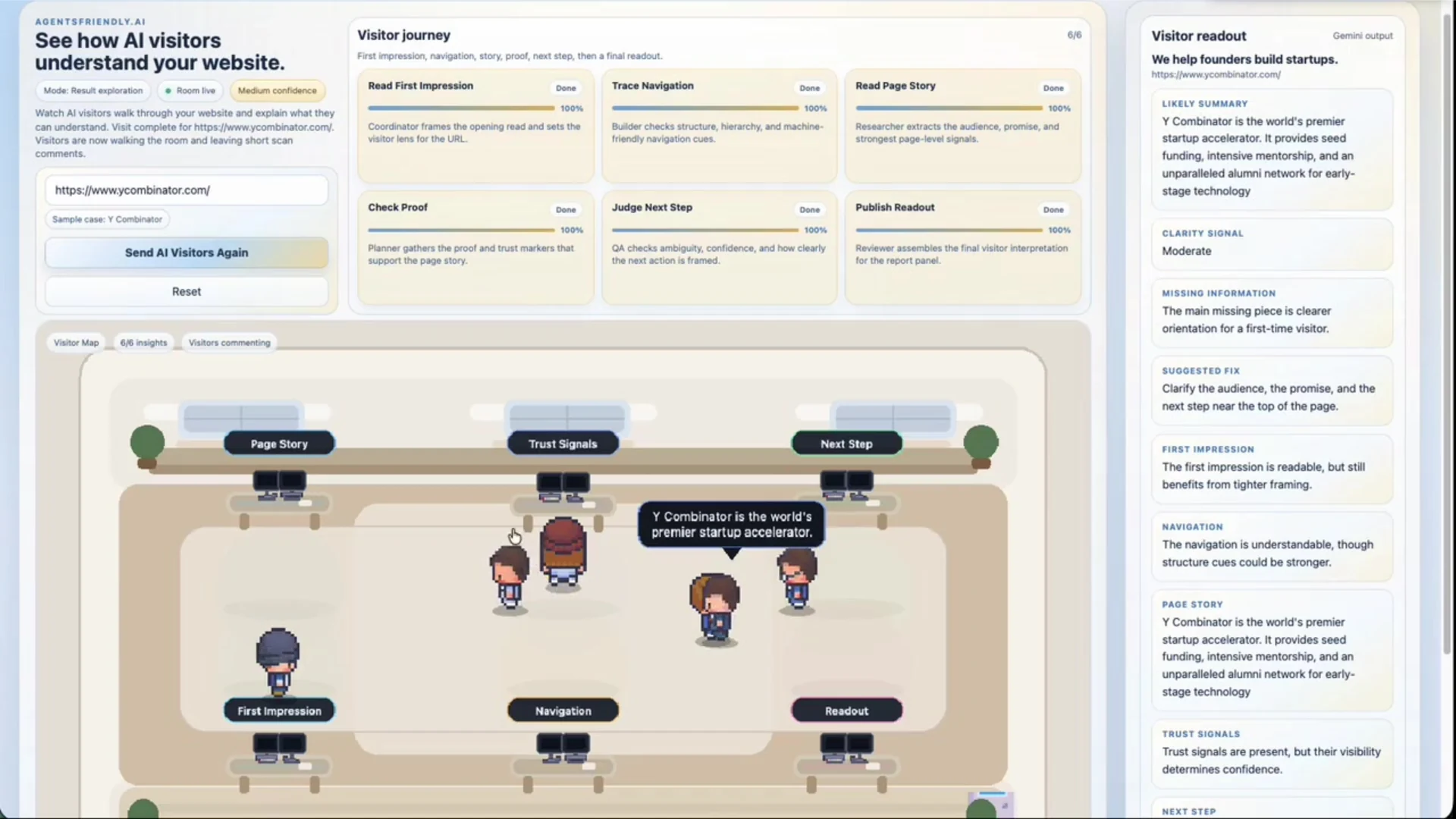 AgentsFriendly.ai simulates AI visitors reviewing a website’s first impression, navigation, story, trust and next step.